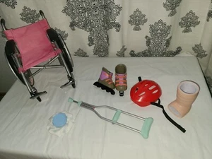 OG Dolls Pink Folding Wheelchair For 18” Dolls Crutches Ice￼pack& RollerBlades - Picture 1 of 4
