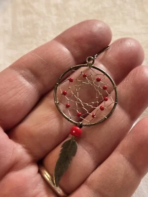 SINGLE (1 ONLY) Silver and red bead dreamcatcher Native American drop earring - Image 1 of 4
