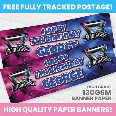 PERSONALISED GLADIATORS BIRTHDAY BANNER PARTY DECORATION BANNERS - Image 1 of 3
