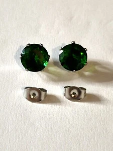 Dark Green Silver Plated Cubic Zirconia Stud Earrings (#05) - Picture 1 of 3