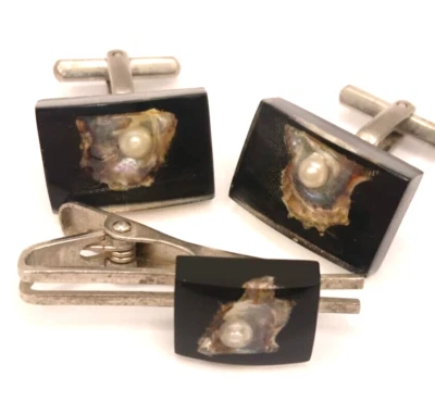 Vintage SET Tie Clip & Cufflinks Pearl on Shell Silver Tone Men's Formal Wear - Image 1 of 4