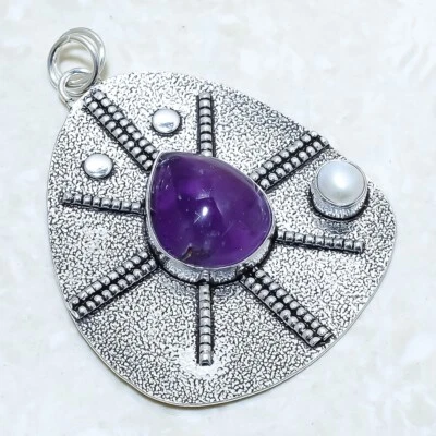Africano Ametista, Perla Gemma Fatto a Mano Argento Ciondolo Gioielli 2.6 " - Immagine 1 di 2