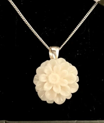 Sterling Silver 925 Cream chunky carved flower pendant & chain necklace wedding  - Image 1 of 4
