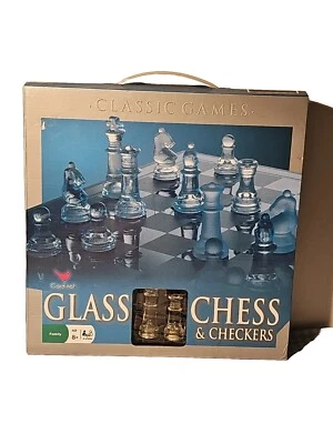 Classic CHESS & Checkers With Glass Board Clear & Frosted Pieces NEW Game Set - Image 1 of 4