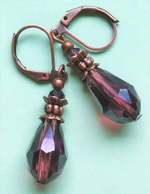 PURPLE PLUM Crystal teardrop earring COPPER LEVERBACK handmade XX - Image 1 of 4