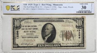RED WING, Minnesota National Bank #13396 - $10 Dollars 1929 - PCGS Very Fine 30 - Image 1 of 2
