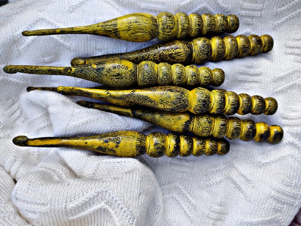 Crochet Hooks Yellow Antique Needles Knit Yarn Weave Craft Wood Classic 7 Sizes - Image 1 of 4