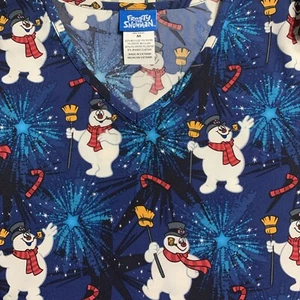 Rudolph NEW M Scrub Polyester Spandex S/S MultiColor Top Snowman NWT 069 - Picture 1 of 5