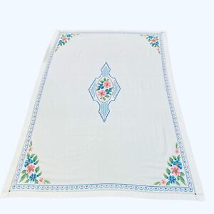 Vintage Cross Stitch Rectangle Tablecloth 75" x 52" Blue Green Pink Floral White