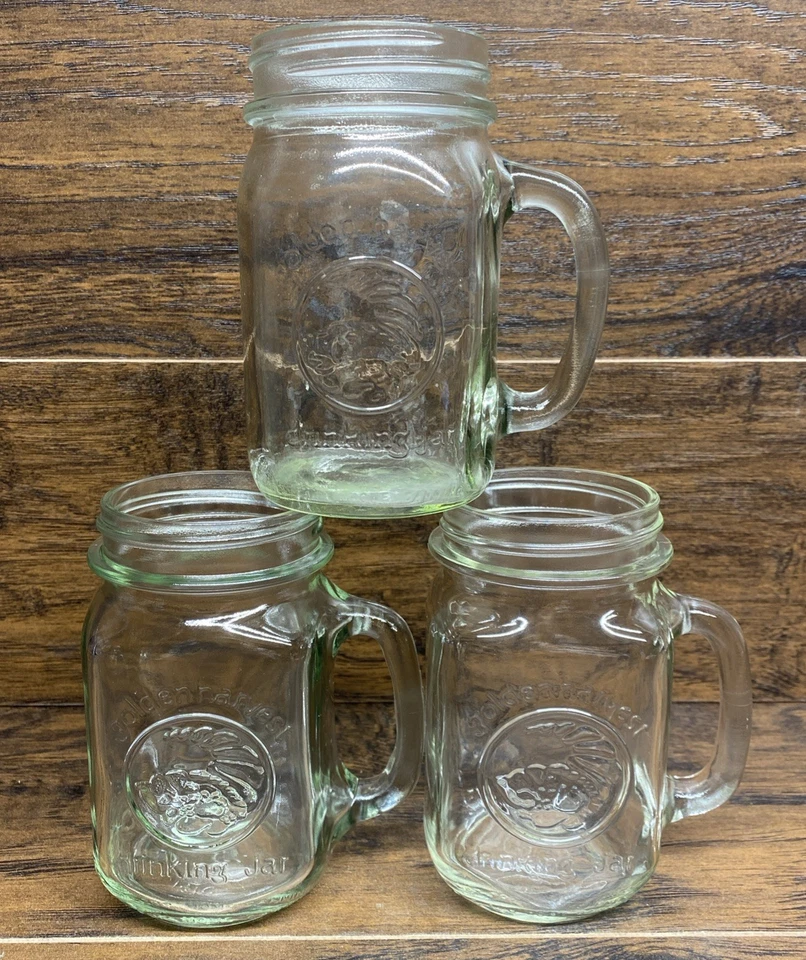 Juego de 3 tazas de beber vintage Golden Harvest Ball / Mason Jar - vidrio verde dorado Foto 1 de 4