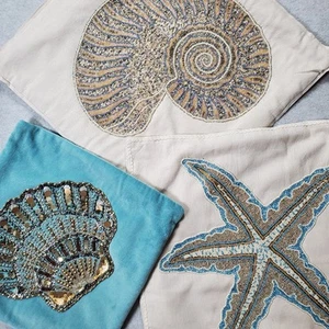 Pier 1 Beaded Seashell Throw Pillow Slip Covers Coastal Beachy Set of 3 - Picture 1 of 16