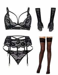 Women Lingerie with Stockings and Gloves,Garter Belt Lingerie Set Black M - Bild 1 von 3