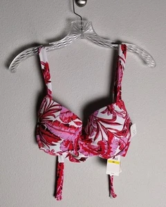 Jessica Simpson Pink Red White Palm Leaf Print Push-Up Bikini Top Medium NWT - Picture 1 of 4