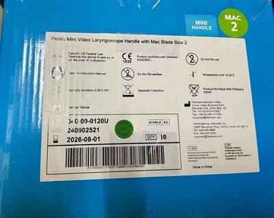Mini mango de laringoscopio de video ProVu con hoja Mac tamaño 2 (caja de 10 piezas) NUEVO Foto 1 de 3