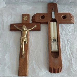 Vtg Wooden Crucifix Cross Last Rights Sick Call Holy Water Bottle Candles Sealed - Picture 1 of 10