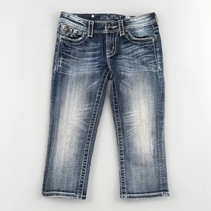 Jeans Miss Me Tg 26 Blu Ricamato Strass Vita Bassa Capri - Foto 1 di 12