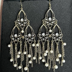 Oversized Chandelier Earrings New Hooks Brasstone Faux Pearls & Clear Stones - Picture 1 of 6