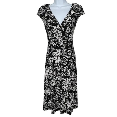 American Living Dress Womens 16 Floral Midi Cap Sleeve Stretch Babydoll Black - Image 1 of 4