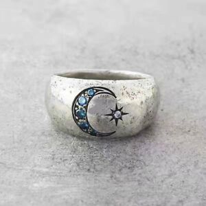 925 Silver Retro Moon Sun Zircon Finger Ring Knuckle Women Party Jewelry Gifts