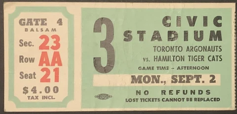 1968 CFL Football Ticket Civic Stadium Toronto Argonauts vs Hamilton Tiger Cats Cover