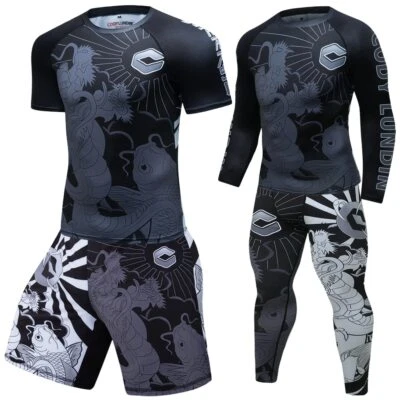 CODYLUNDIN Brazilian Jiu Jitsu Rash Guard MMA BJJ Shorts Spats Sets Koi Fish Skull Designs