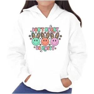 Don't Worry Be Hoppy Easter Bunny Face Pun Youth Girls Hoodie Sweatshirts Kids - Picture 1 of 7