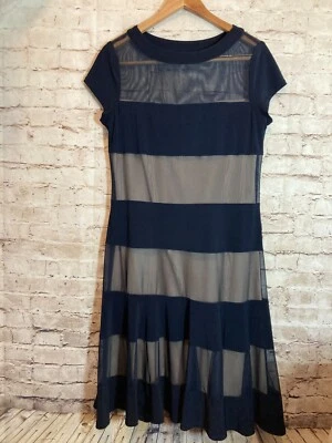 Vestido R&M Richards Mujer 12 Azul Marino Malla Rayas Ajuste y Acampanado Elastizado Midi Foto 1 de 4