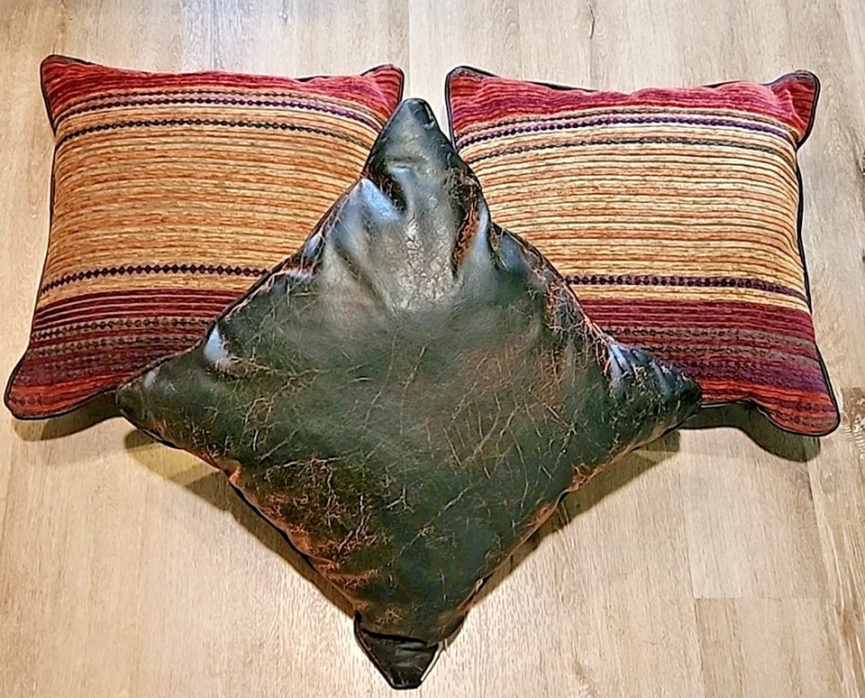 3 Croscill Plateau Pillows Reversable Southwestern Chenille Stripes Faux Leather - Image 1 of 4