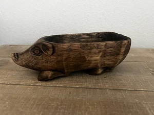 Wood Hand Carved Pig Bowl Trinket Dish Folk Art Primitive Rustic Decor 8x3” - Picture 1 of 8