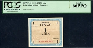 Italia 1943 1 lira moneda militar aliada SCWPM-M10b sin secreto 'F' PCGS 66PPQ - Imagen 1 de 2