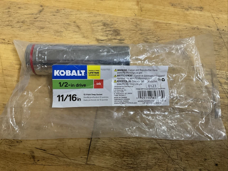 KOBALT 337753,  11/16in.  1/2 Drive Deep 12pt SAE Socket-Red Stripe-Store Pkging - Image 1 of 1