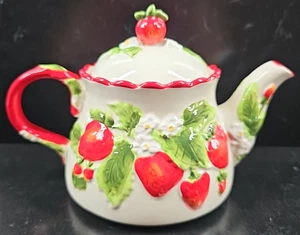 Temp-Tations Figural Fruit Strawberry Teapot Lid Set Floral Embossed Red Scallop - Picture 1 of 24