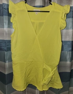 L Meraki Top Bright Yellow/lime,Wrap W/ Tie, Stretchy Back,Ruffle Sleeves,Vneck - Picture 1 of 11