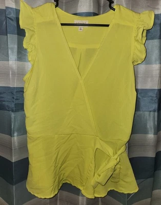 L Meraki Top Bright Yellow/lime,Wrap W/ Tie, Stretchy Back,Ruffle Sleeves,Vneck - Image 1 of 4