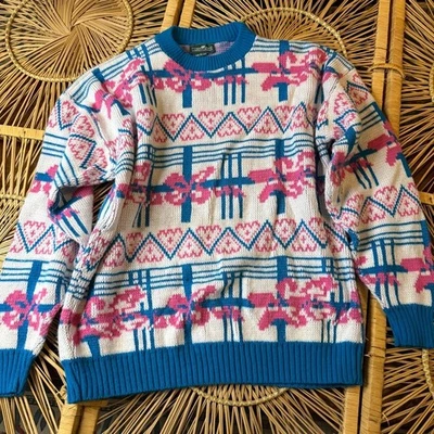 Suéter Floral Geométrico Vintage Años 80 - Pullover Tejido Azul Rosa Foto 1 de 4