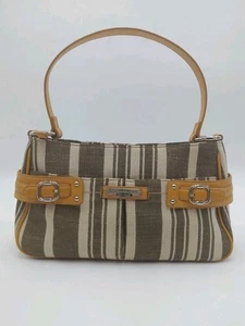 Vintage Etienne Aigner Signature Logo gestreift Canvas Leder Handtasche karamellgrau 12x7 - Bild 1 von 22