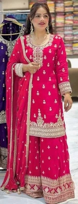 Nuevo Vestido de Boda Rosa Chinon Seda Kurta Palazzo Con Dupatta Para Mujeres y Niñas Foto 1 de 4