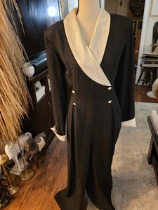 VTG JR Nites by Caliendo Women Satin Black White Tuxedo Jumpsuit  - Picture 1 of 6