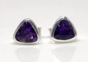 925 Sterling Silver Natural Amethyst 6 mm Trillion Cut Gemstone Studs Earrings - Picture 1 of 12