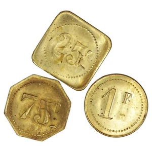 Frankreich Lot von 3 Spielchips 25 Cent, 75 Cent, 1 Franc SUP Messing - Bild 1 von 2