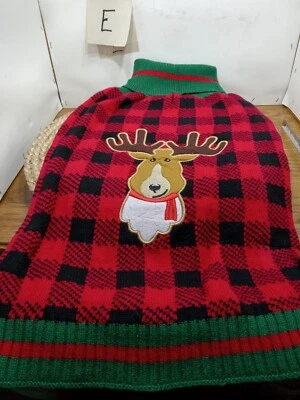 Large Pet Sweater For Winter Red Blk Checks Doggie Reindeer Size Large Super... - Image 1 of 4