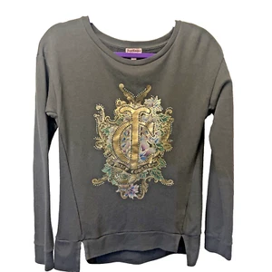 JUICY COUTURE Logo Tee Shirt Womens XS Grey Long Sleeve Split Hem Bling Retro - Picture 1 of 6