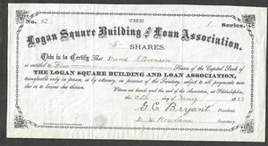 1823 LOGAN SQUARE BUILDING & CREDIT ASSOCIATION PHILADELPHIA STOCK PARA 5 ACCIONES - Imagen 1 de 2