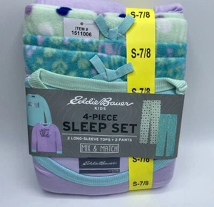 Girls Size S(7/8) Eddie Bauer 4-Piece Sleep Set Long Sleeve Pajamas Pants Blue - Picture 1 of 5