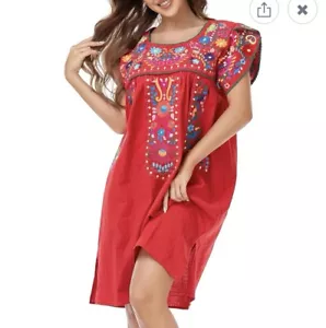 Neu ohne Etikett wunderschönes handbesticktes rotes Blumendruck Midikleid Größe X-Large - Bild 1 von 10