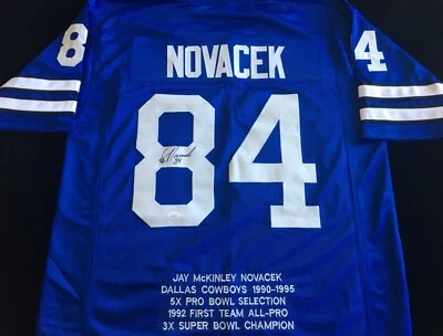 Jay Novacek Signed Autograph Blue Stat Dallas Jersey White #s COA - Image 1 of 3