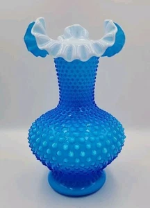 Fenton Double Crimped Colonial Blue Overlay Cased Hobnail Ruffled Vase 10 3/4" T - Picture 1 of 5