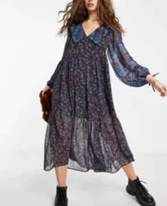 Vestido Midi Topshop Grunge Mezcla y Combina Floral Cuadros 2 Cuello Babero Transparente Azul - Imagen 1 de 10