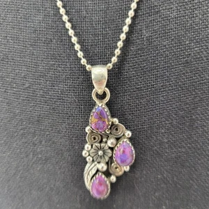 Navajo Purple Copper Mojave Turquoise Necklace Floral Sawtooth Bezel Silver 925 - Picture 1 of 13