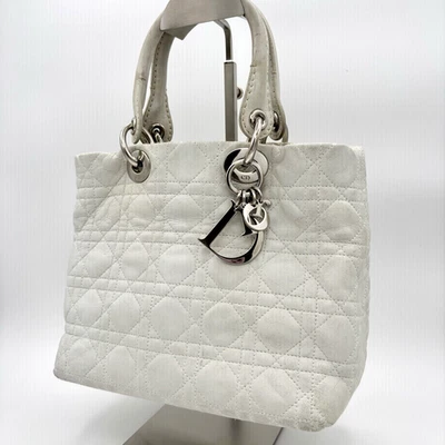 Bolso de Mano Dior Patrón Cannage Gamuza Cuero Blanco Auténtico 0039 Foto 1 de 4